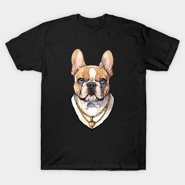 Tan and white portrait with gold chain French Bulldog T-Shirt by CandyApparel